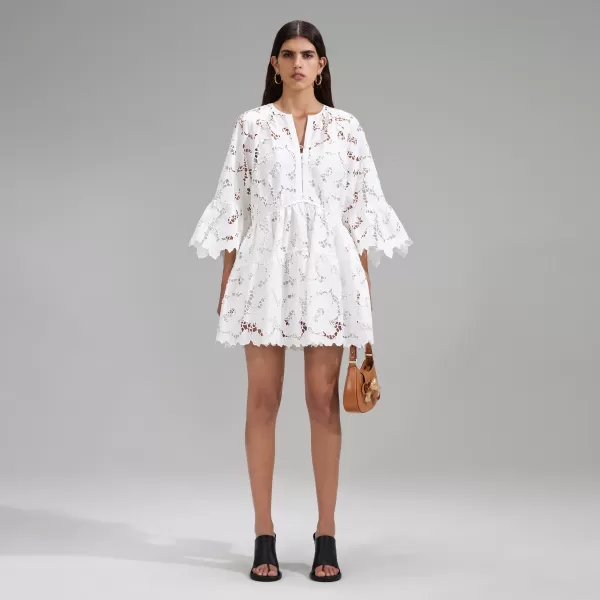 Dresses*Self-Portrait White Cotton Lace Wide Sleeve Mini Dress