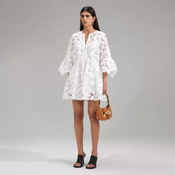 Dresses*Self-Portrait White Cotton Lace Wide Sleeve Mini Dress