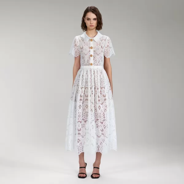 Dresses*Self-Portrait White Floral Guipure Lace Midi Dress