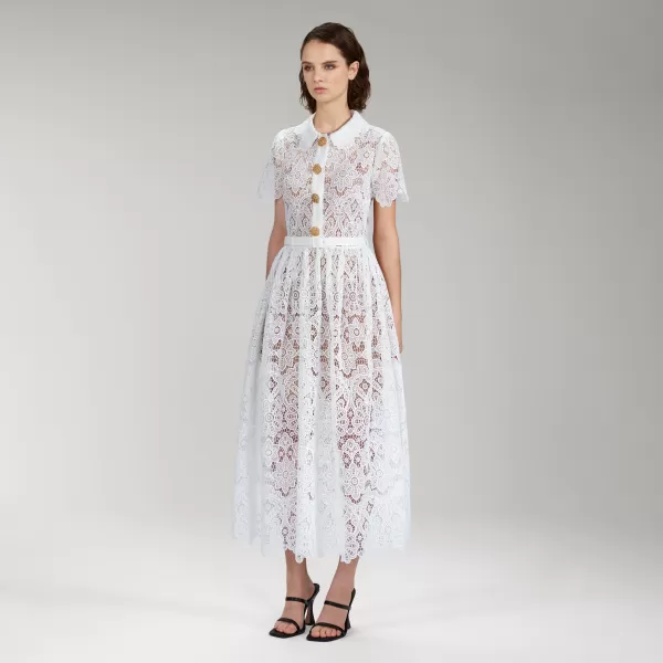 Dresses*Self-Portrait White Floral Guipure Lace Midi Dress