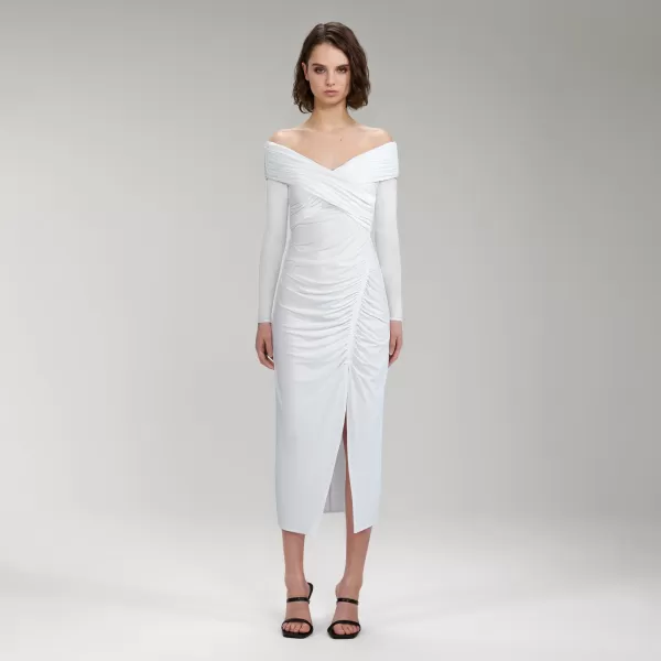 Dresses*Self-Portrait White Jersey Crossover Bust Midi Dress