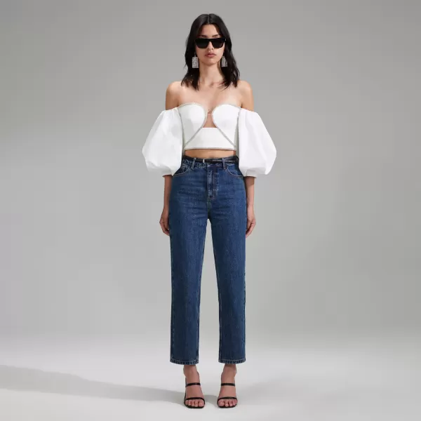 Tops*Self-Portrait White Off Shoulder Crepe Top