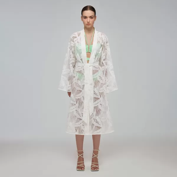 Dresses*Self-Portrait White Tropical Leaf Embroidered Kaftan